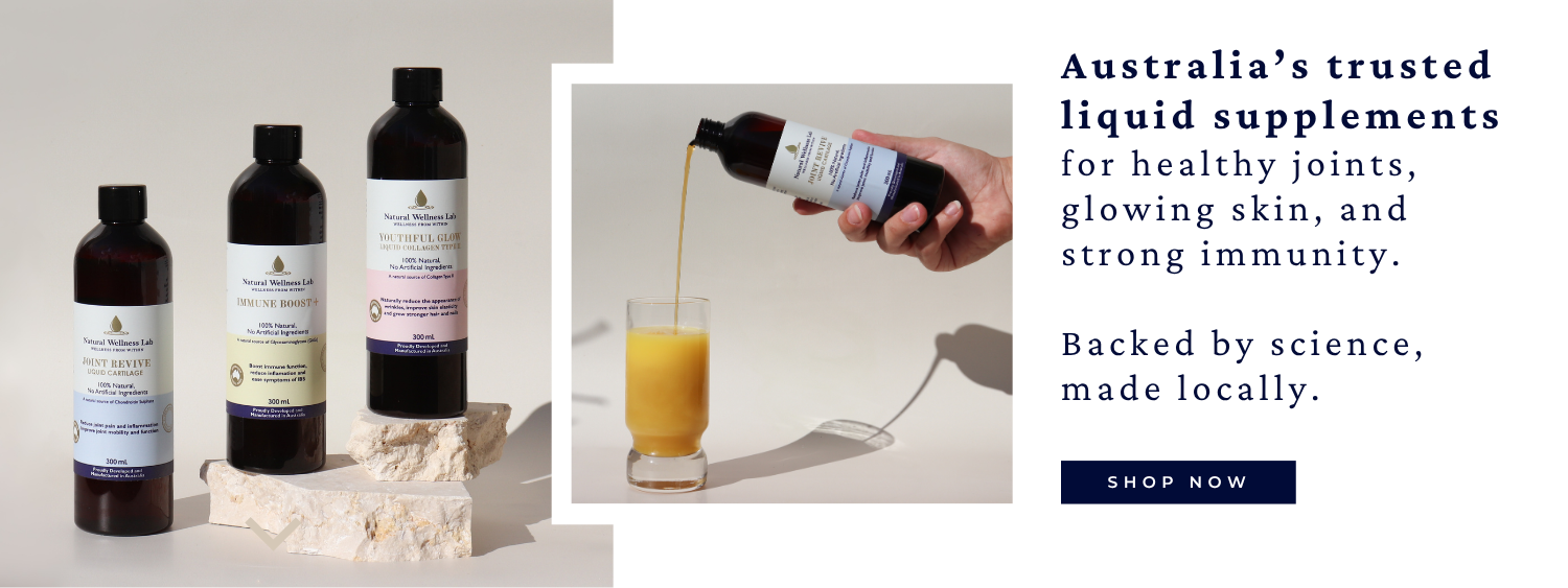 Bottles of liquid supplements with a hand pouring a drink, set against a light background.